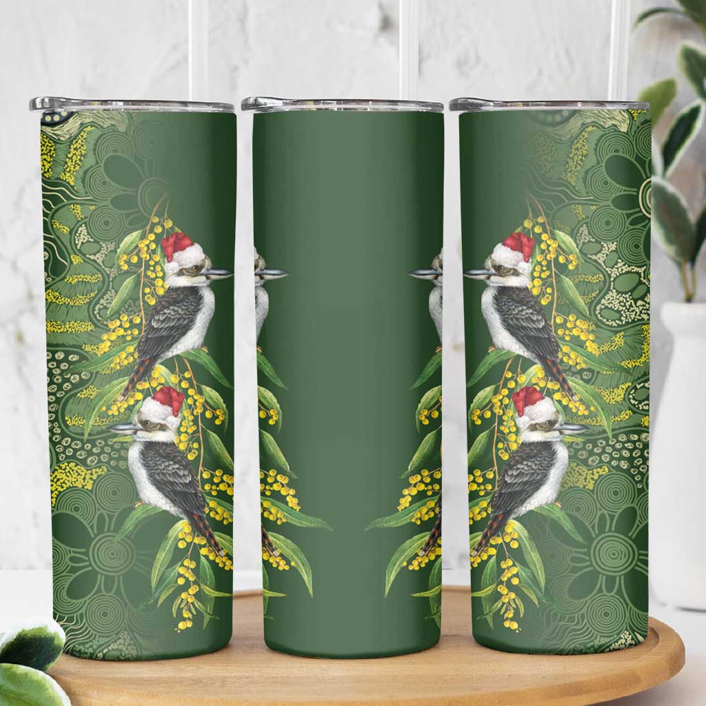 Aussie Kokaburra Golden Wattle Christmas Skinny Tumbler Aboriginal Dots Painting Green Motif - Aussie Hoodie