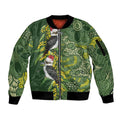 Aussie Kokaburra Golden Wattle Christmas Sleeve Zip Bomber Jacket Aboriginal Dots Painting Green Motif - Aussie Hoodie