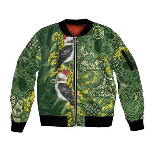 Aussie Kokaburra Golden Wattle Christmas Sleeve Zip Bomber Jacket Aboriginal Dots Painting Green Motif - Aussie Hoodie