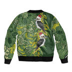 Aussie Kokaburra Golden Wattle Christmas Sleeve Zip Bomber Jacket Aboriginal Dots Painting Green Motif - Aussie Hoodie