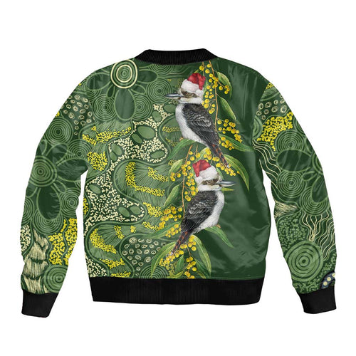 Aussie Kokaburra Golden Wattle Christmas Sleeve Zip Bomber Jacket Aboriginal Dots Painting Green Motif - Aussie Hoodie