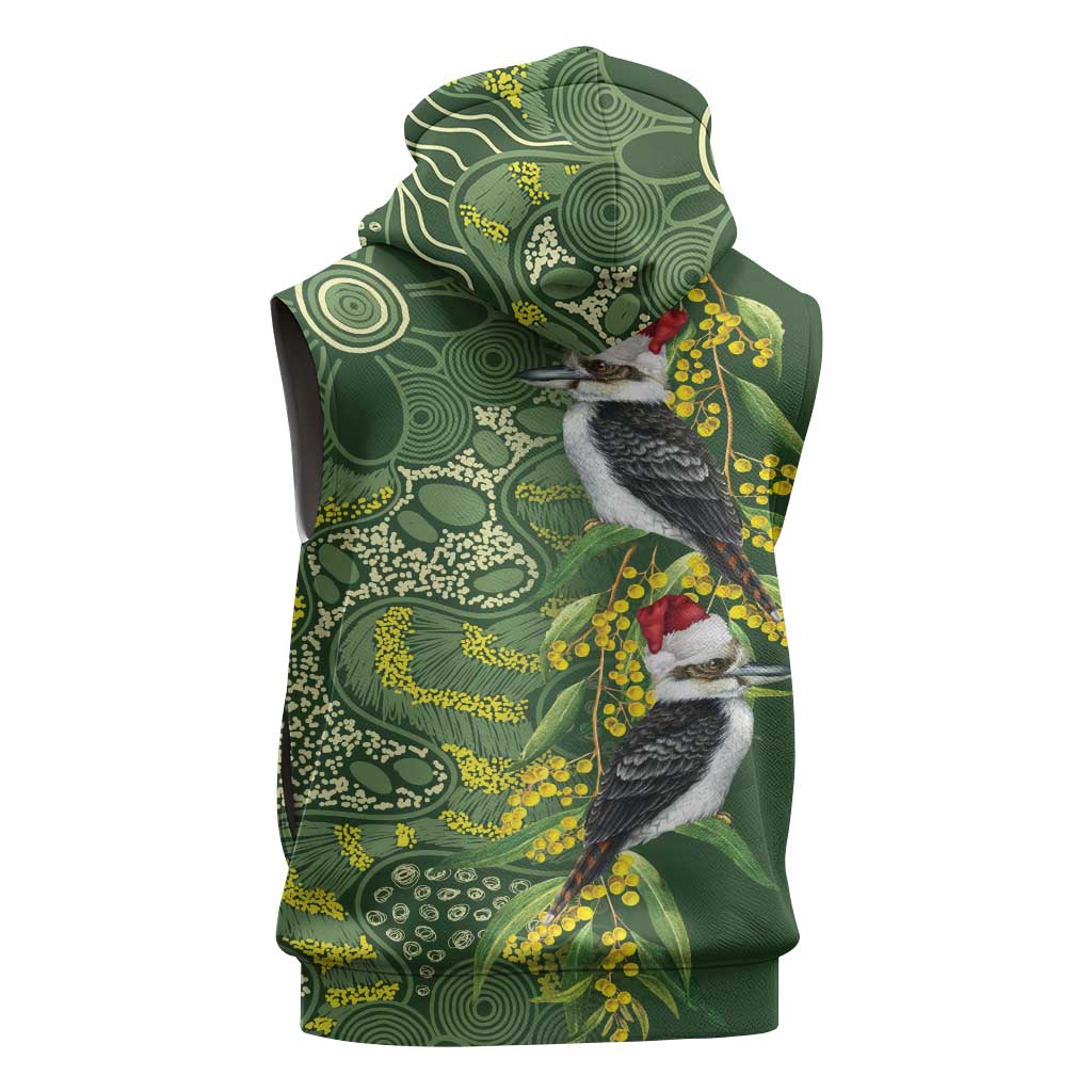 Aussie Kokaburra Golden Wattle Christmas Sleeveless Hoodie Aboriginal Dots Painting Green Motif - Aussie Hoodie