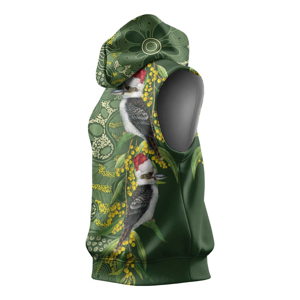 Aussie Kokaburra Golden Wattle Christmas Sleeveless Hoodie Aboriginal Dots Painting Green Motif - Aussie Hoodie
