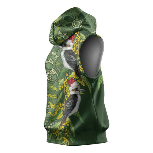 Aussie Kokaburra Golden Wattle Christmas Sleeveless Hoodie Aboriginal Dots Painting Green Motif - Aussie Hoodie