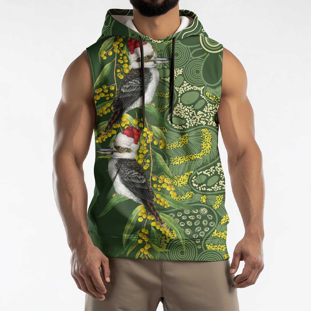 Aussie Kokaburra Golden Wattle Christmas Sleeveless Hoodie Aboriginal Dots Painting Green Motif - Aussie Hoodie