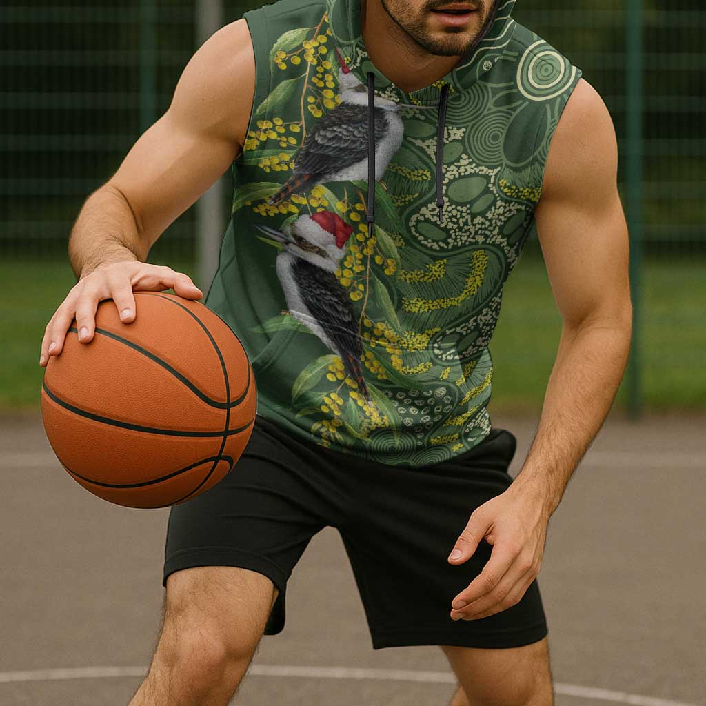 Aussie Kokaburra Golden Wattle Christmas Sleeveless Hoodie Aboriginal Dots Painting Green Motif - Aussie Hoodie