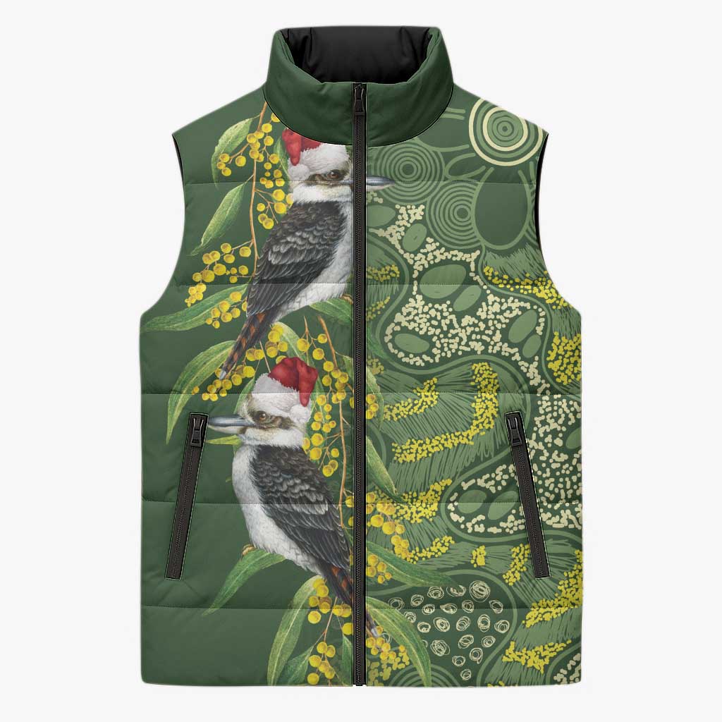 Aussie Kokaburra Golden Wattle Christmas Sleeveless Puffer Jacket Aboriginal Dots Painting Green Motif - Aussie Hoodie