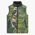 Aussie Kokaburra Golden Wattle Christmas Sleeveless Puffer Jacket Aboriginal Dots Painting Green Motif - Aussie Hoodie