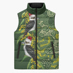 Aussie Kokaburra Golden Wattle Christmas Sleeveless Puffer Jacket Aboriginal Dots Painting Green Motif - Aussie Hoodie