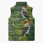 Aussie Kokaburra Golden Wattle Christmas Sleeveless Puffer Jacket Aboriginal Dots Painting Green Motif - Aussie Hoodie