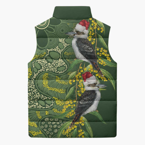 Aussie Kokaburra Golden Wattle Christmas Sleeveless Puffer Jacket Aboriginal Dots Painting Green Motif - Aussie Hoodie