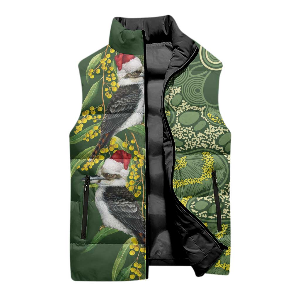 Aussie Kokaburra Golden Wattle Christmas Sleeveless Puffer Jacket Aboriginal Dots Painting Green Motif - Aussie Hoodie