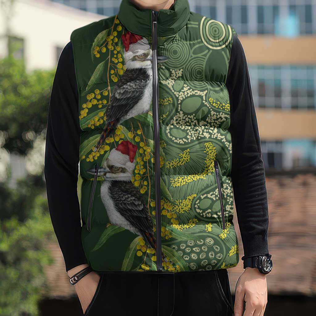 Aussie Kokaburra Golden Wattle Christmas Sleeveless Puffer Jacket Aboriginal Dots Painting Green Motif - Aussie Hoodie