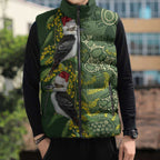 Aussie Kokaburra Golden Wattle Christmas Sleeveless Puffer Jacket Aboriginal Dots Painting Green Motif - Aussie Hoodie