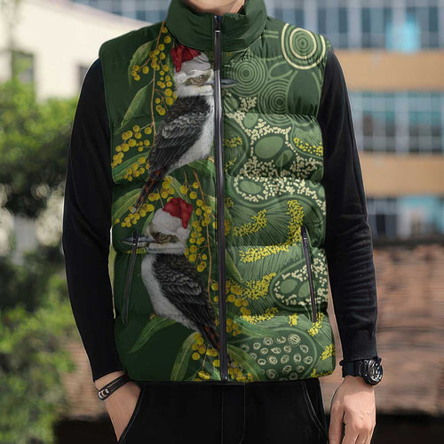 Aussie Kokaburra Golden Wattle Christmas Sleeveless Puffer Jacket Aboriginal Dots Painting Green Motif - Aussie Hoodie
