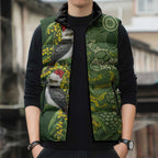Aussie Kokaburra Golden Wattle Christmas Sleeveless Puffer Jacket Aboriginal Dots Painting Green Motif - Aussie Hoodie