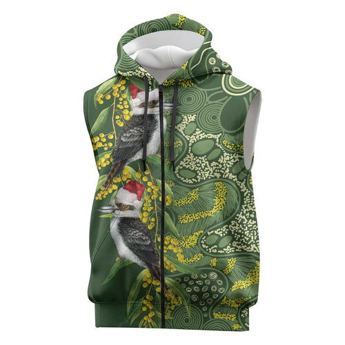 Aussie Kokaburra Golden Wattle Christmas Sleeveless Zip Hoodie Aboriginal Dots Painting Green Motif LT9