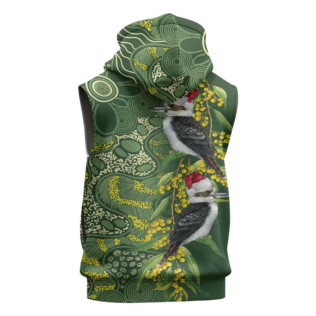 Aussie Kokaburra Golden Wattle Christmas Sleeveless Zip Hoodie Aboriginal Dots Painting Green Motif LT9