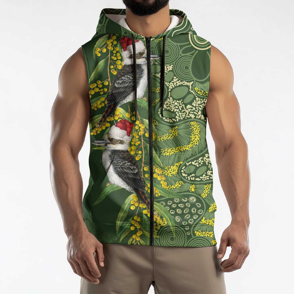 Aussie Kokaburra Golden Wattle Christmas Sleeveless Zip Hoodie Aboriginal Dots Painting Green Motif LT9