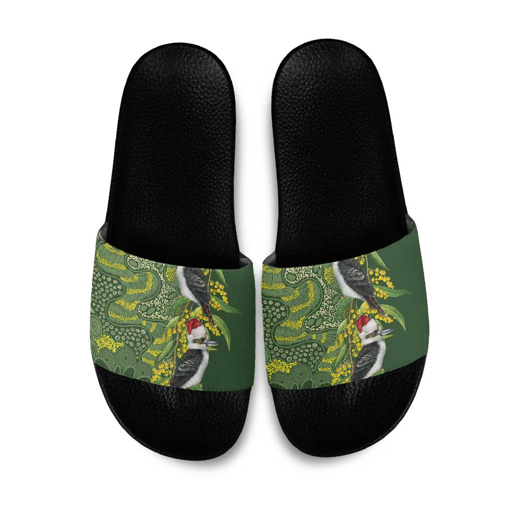 Aussie Kokaburra Golden Wattle Christmas Slide Sandals Aboriginal Dots Painting Green Motif - Aussie Hoodie
