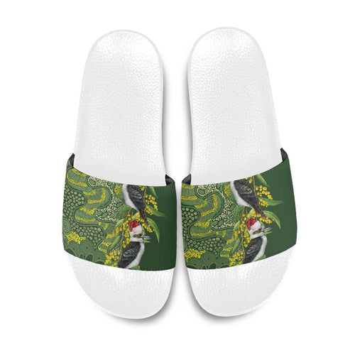Aussie Kokaburra Golden Wattle Christmas Slide Sandals Aboriginal Dots Painting Green Motif - Aussie Hoodie