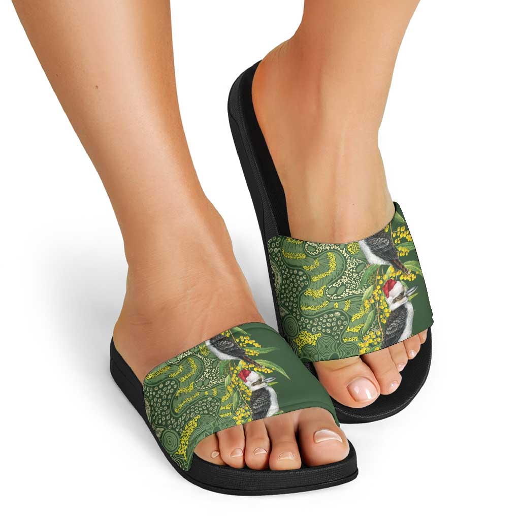 Aussie Kokaburra Golden Wattle Christmas Slide Sandals Aboriginal Dots Painting Green Motif - Aussie Hoodie