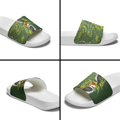 Aussie Kokaburra Golden Wattle Christmas Slide Sandals Aboriginal Dots Painting Green Motif - Aussie Hoodie