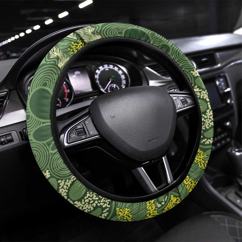 Aussie Kokaburra Golden Wattle Christmas Steering Wheel Cover Aboriginal Dots Painting Green Motif - Aussie Hoodie