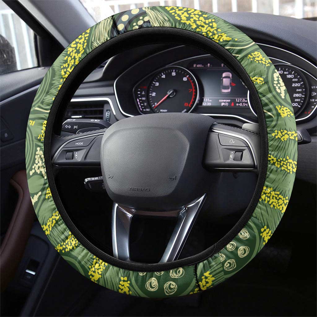 Aussie Kokaburra Golden Wattle Christmas Steering Wheel Cover Aboriginal Dots Painting Green Motif - Aussie Hoodie