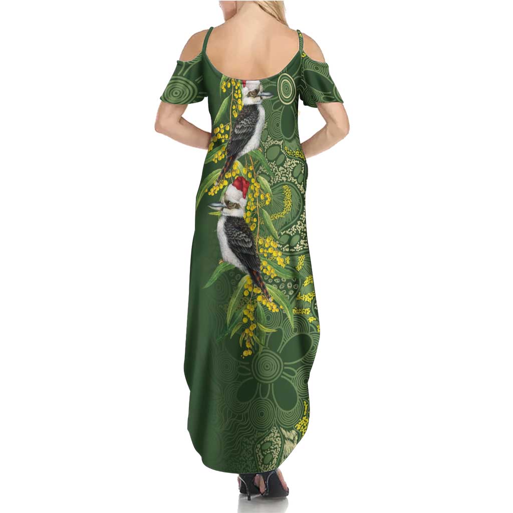 Aussie Kokaburra Golden Wattle Christmas Summer Maxi Dress Aboriginal Dots Painting Green Motif - Aussie Hoodie
