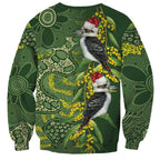 Aussie Kokaburra Golden Wattle Christmas Sweatshirt Aboriginal Dots Painting Green Motif - Aussie Hoodie