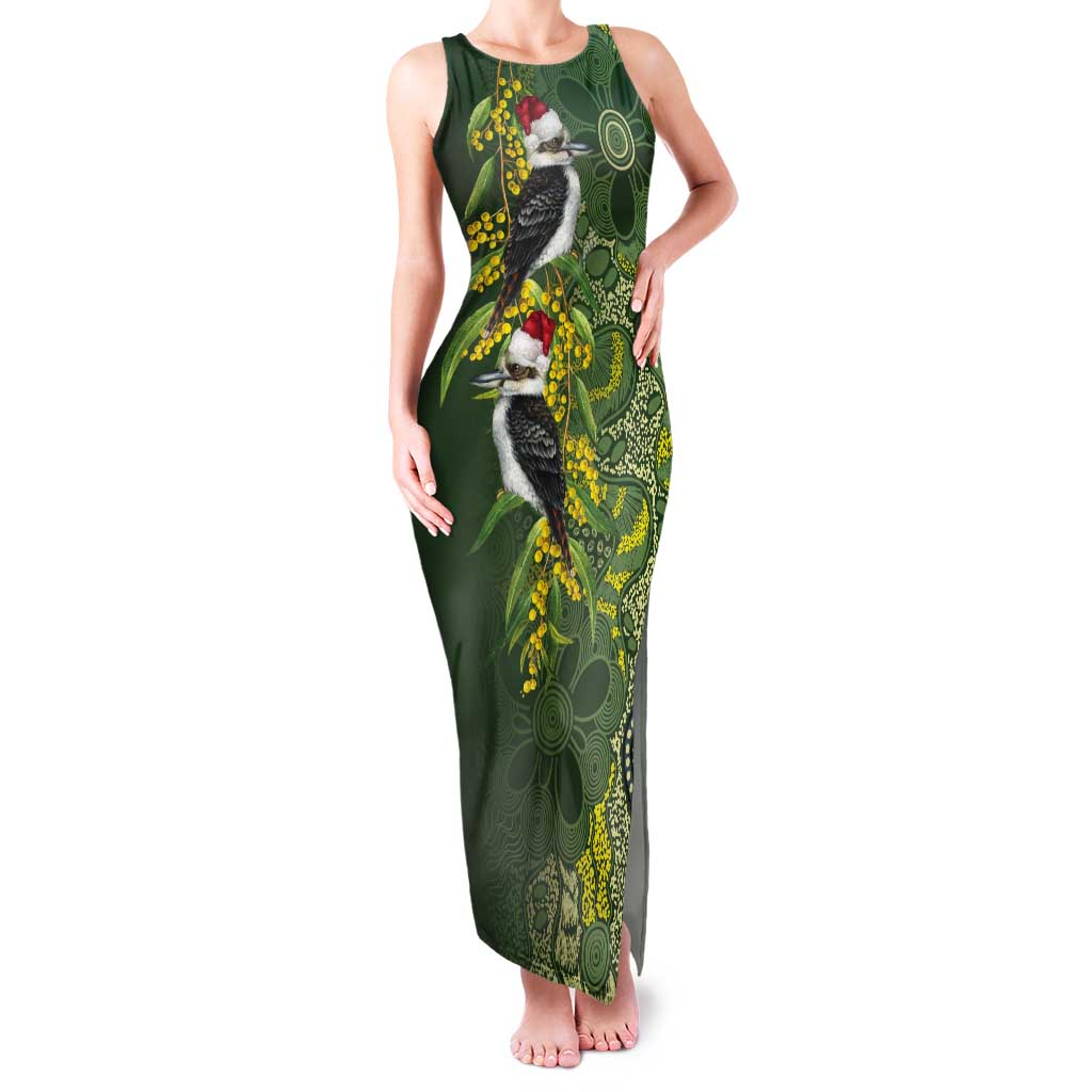 Aussie Kokaburra Golden Wattle Christmas Tank Maxi Dress Aboriginal Dots Painting Green Motif - Aussie Hoodie