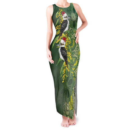 Aussie Kokaburra Golden Wattle Christmas Tank Maxi Dress Aboriginal Dots Painting Green Motif - Aussie Hoodie