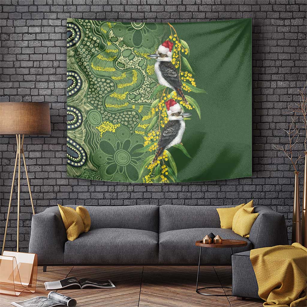 Aussie Kokaburra Golden Wattle Christmas Tapestry Aboriginal Dots Painting Green Motif - Aussie Hoodie