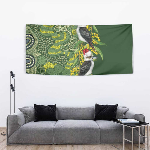 Aussie Kokaburra Golden Wattle Christmas Tapestry Aboriginal Dots Painting Green Motif - Aussie Hoodie