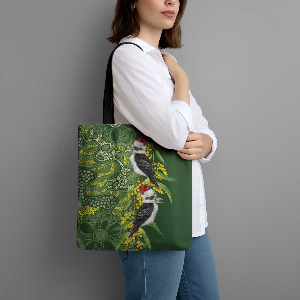 Aussie Kokaburra Golden Wattle Christmas Tote Bag Aboriginal Dots Painting Green Motif - Aussie Hoodie