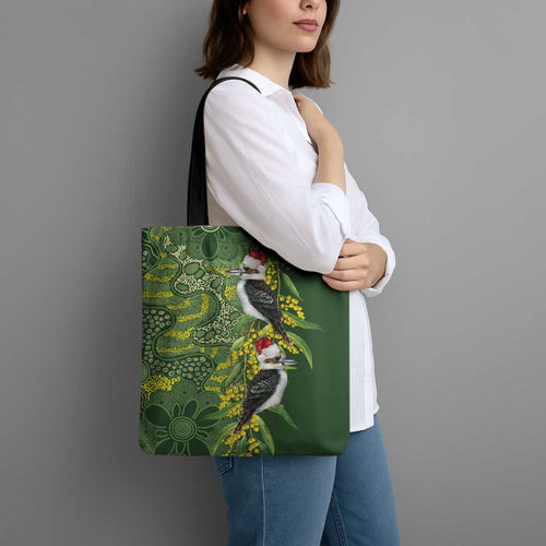 Aussie Kokaburra Golden Wattle Christmas Tote Bag Aboriginal Dots Painting Green Motif - Aussie Hoodie