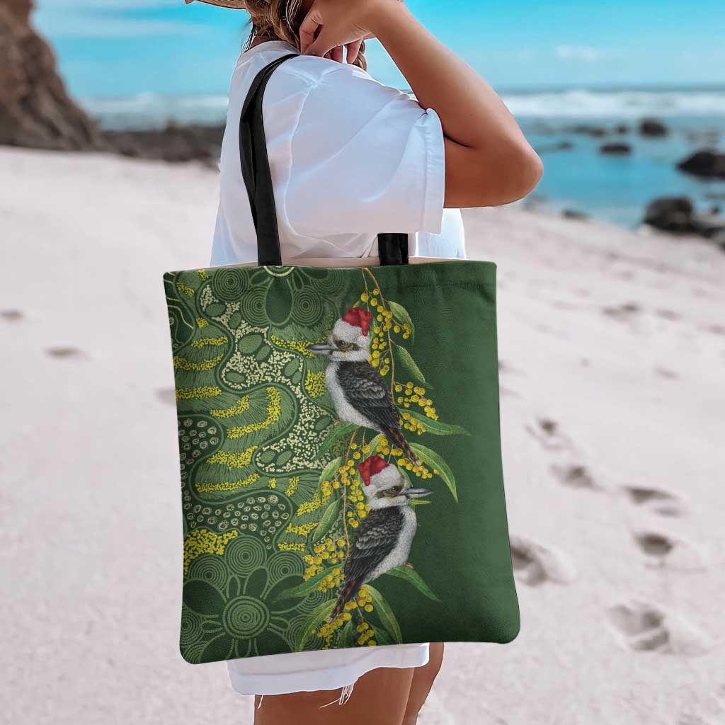 Aussie Kokaburra Golden Wattle Christmas Tote Bag Aboriginal Dots Painting Green Motif - Aussie Hoodie