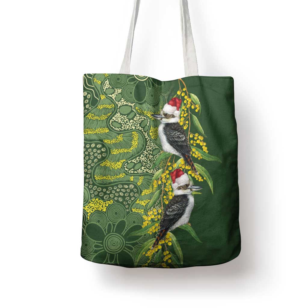 Aussie Kokaburra Golden Wattle Christmas Tote Bag Aboriginal Dots Painting Green Motif - Aussie Hoodie