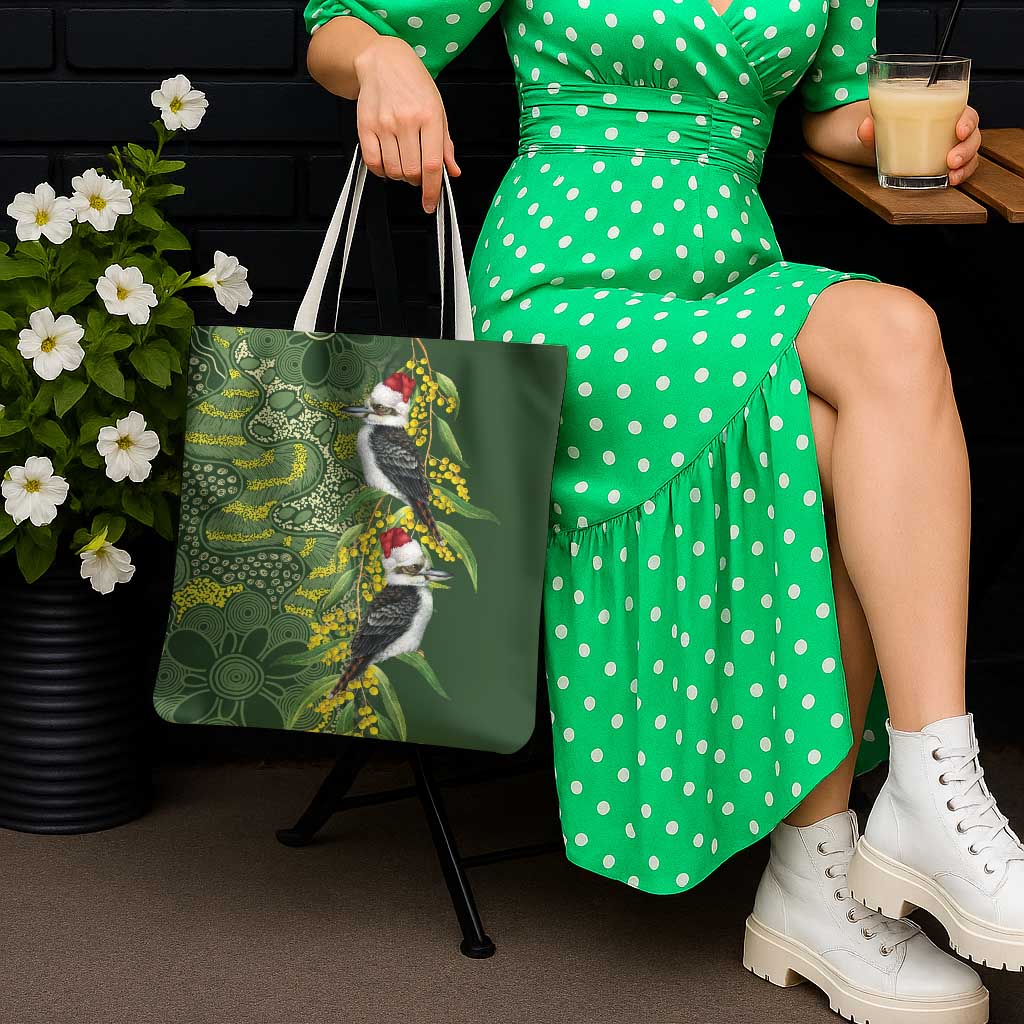 Aussie Kokaburra Golden Wattle Christmas Tote Bag Aboriginal Dots Painting Green Motif - Aussie Hoodie