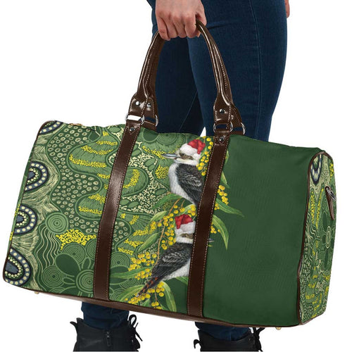 Aussie Kokaburra Golden Wattle Christmas Travel Bag Aboriginal Dots Painting Green Motif - Aussie Hoodie