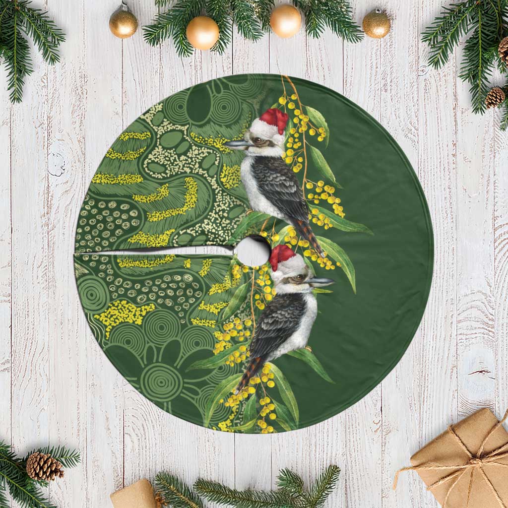 Aussie Kokaburra Golden Wattle Christmas Tree Skirt Aboriginal Dots Painting Green Motif - Aussie Hoodie