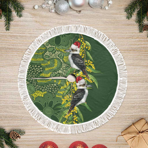 Aussie Kokaburra Golden Wattle Christmas Tree Skirt Aboriginal Dots Painting Green Motif - Aussie Hoodie