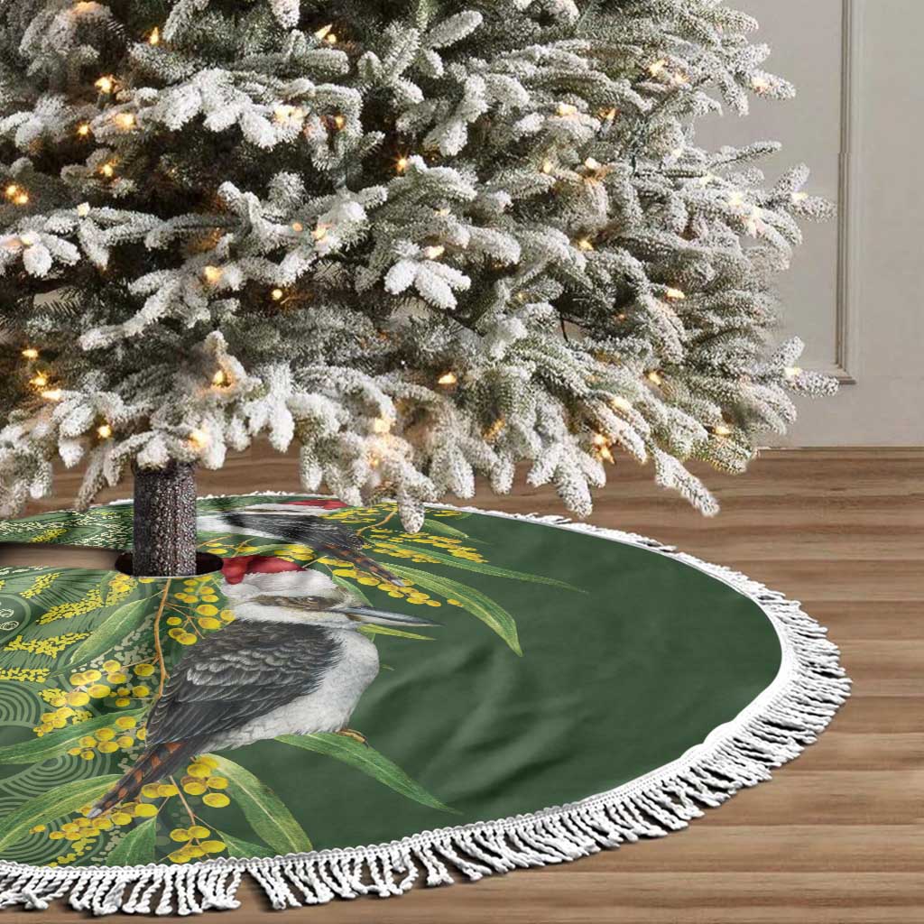Aussie Kokaburra Golden Wattle Christmas Tree Skirt Aboriginal Dots Painting Green Motif - Aussie Hoodie