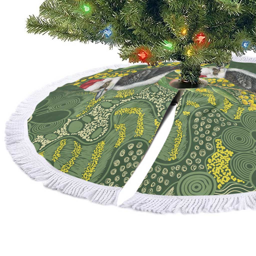 Aussie Kokaburra Golden Wattle Christmas Tree Skirt Aboriginal Dots Painting Green Motif - Aussie Hoodie