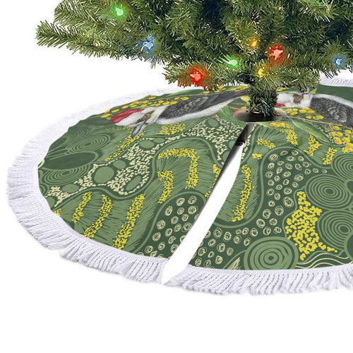 Aussie Kokaburra Golden Wattle Christmas Tree Skirt Aboriginal Dots Painting Green Motif - Aussie Hoodie