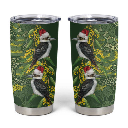 Aussie Kokaburra Golden Wattle Christmas Tumbler Cup Aboriginal Dots Painting Green Motif - Aussie Hoodie