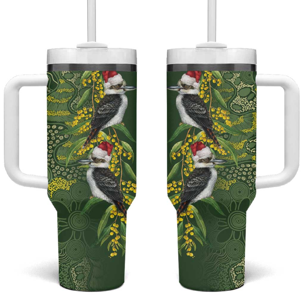 Aussie Kokaburra Golden Wattle Christmas Tumbler With Handle Aboriginal Dots Painting Green Motif - Aussie Hoodie