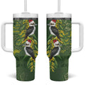 Aussie Kokaburra Golden Wattle Christmas Tumbler With Handle Aboriginal Dots Painting Green Motif - Aussie Hoodie
