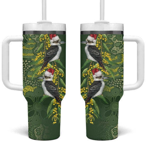 Aussie Kokaburra Golden Wattle Christmas Tumbler With Handle Aboriginal Dots Painting Green Motif - Aussie Hoodie